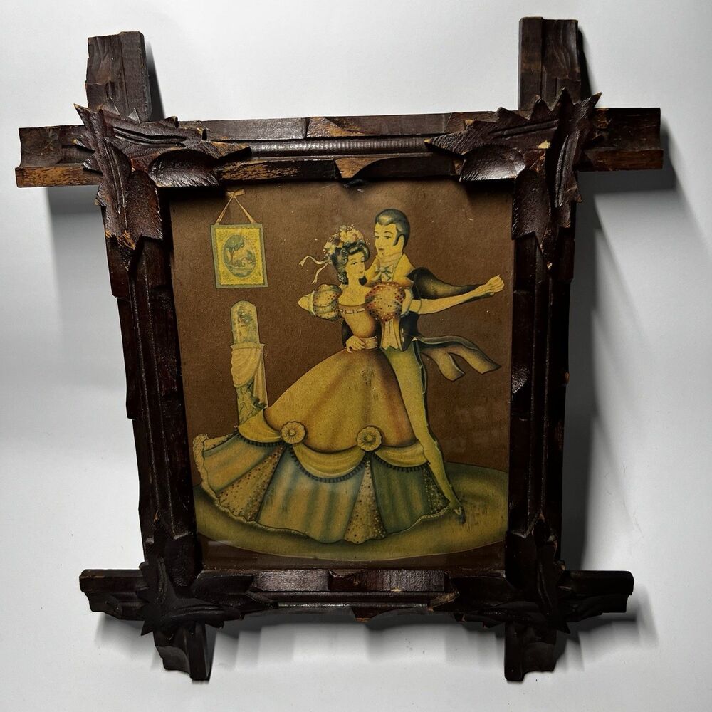 Vtg 1940s Art Print Dancing Couple Hand Carved Wood Tramp Adirondack Leaf Frame
